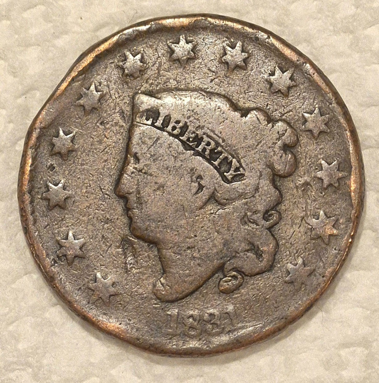 1831 N-3 R-1 Matron or Coronet Head Large Cent Coin G Features Med Letters 1C