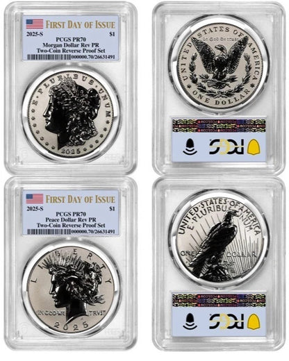 2025 S Morgan & Peace .999 Silver Dollars Reverse Proof PCGS PR 70 FDOI 2 COINS