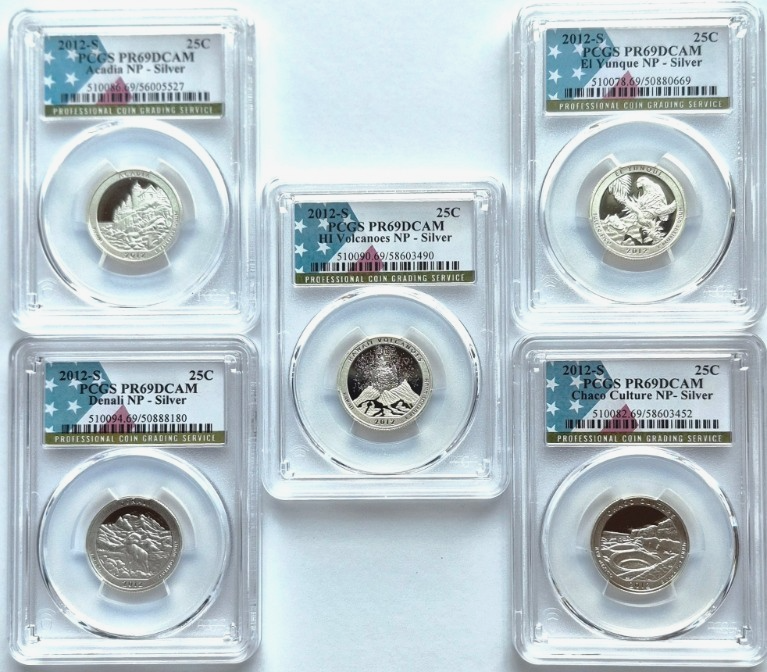 2012 S National Parks 5 Coin Silver Quarter Set PCGS PR69DCAM Special Flag Label