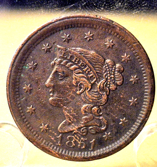1851 Braided Hair Large Cent Broadstruck Error Crisp AU Features N5 R3