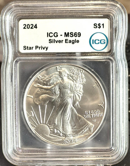 Low Mintage 2024 1 Oz American Silver Eagle Star Privy ICG MS69 Slab Blast White