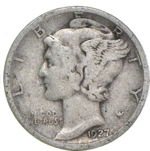 G-VG+ 1927-P Mercury 90% SILVER Dime Average Circulated Condition