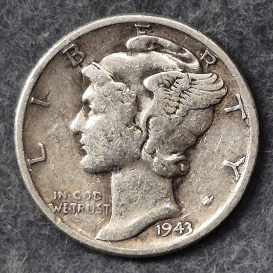 1943 P Mercury Dime 10C 90% Silver Philadelphia WWII Winged Liberty Very Fine