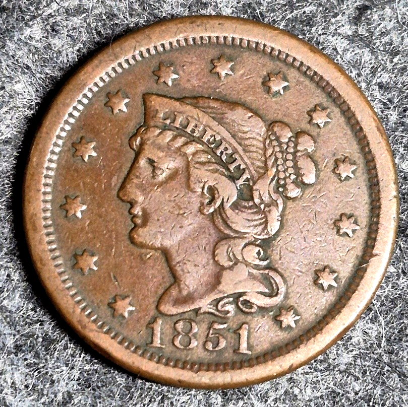1851 Braided Hair Large Cent VF+ Very Fine Plus Raw US Copper One Cent Coin