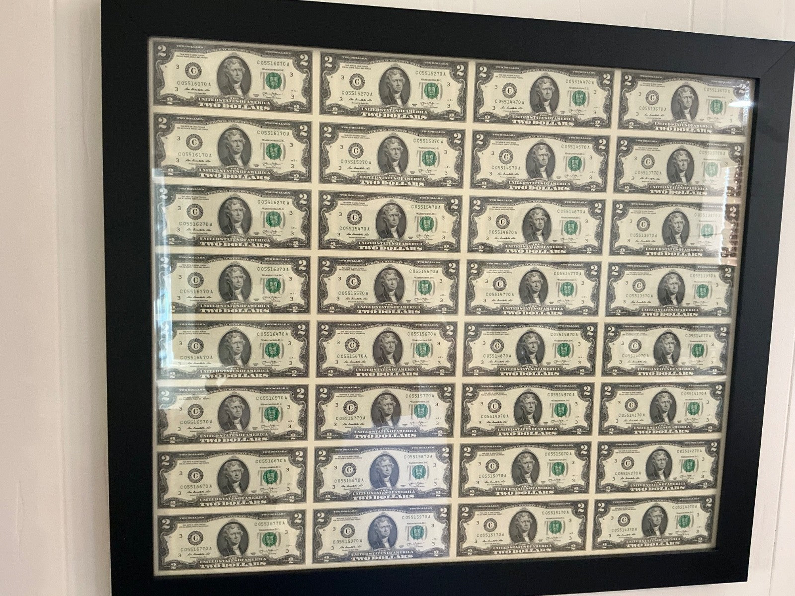 32 ~ $2 Dollar Bills Uncut Sheet Professionally Framed Series 2013 UNCIRCULATED
