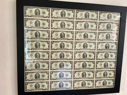 32 ~ $2 Dollar Bills Uncut Sheet Professionally Framed Series 2013 UNCIRCULATED