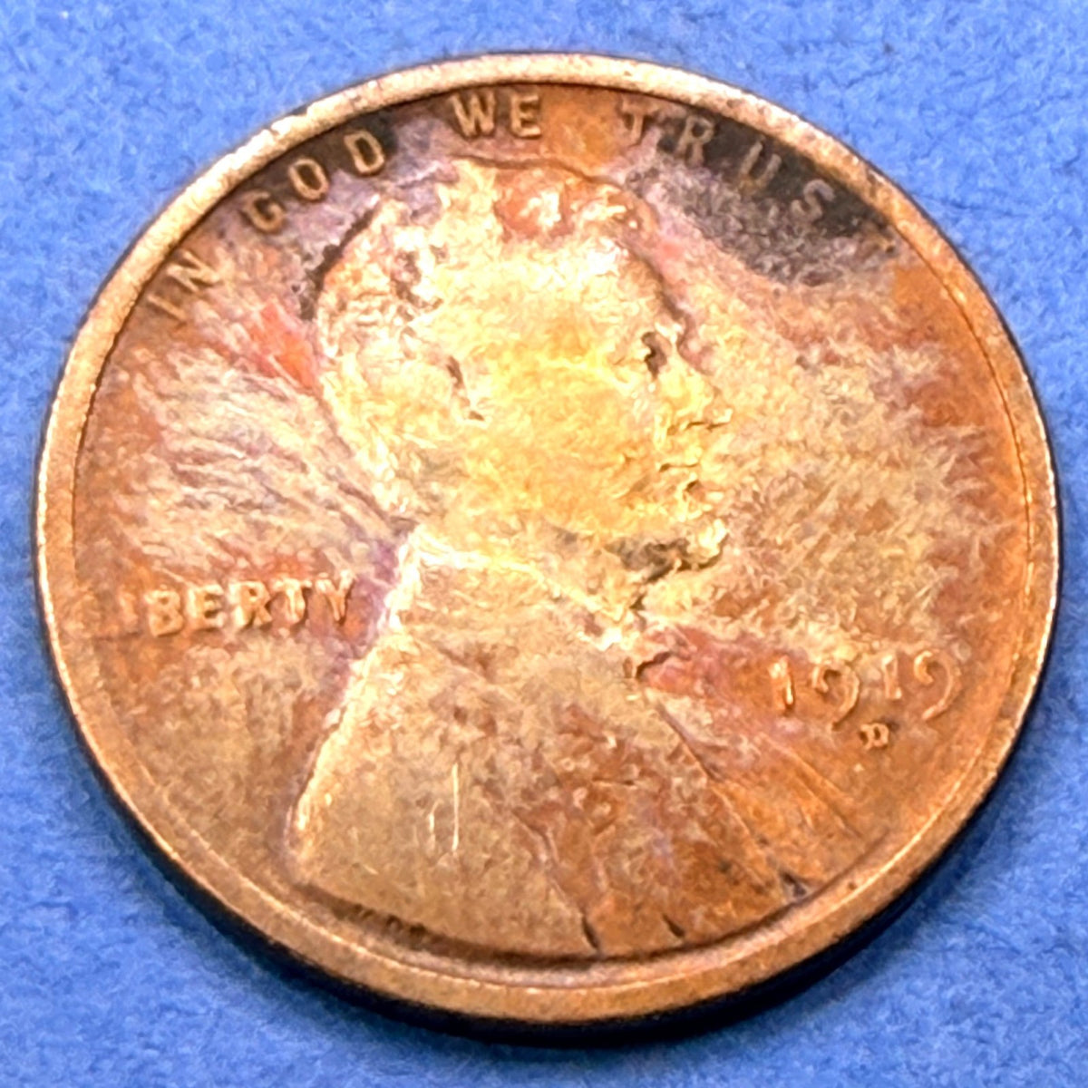 1919-D Lincoln Wheat Cent 1C VG Wild Rainbow Toning Gold Magenta Blue US Penny