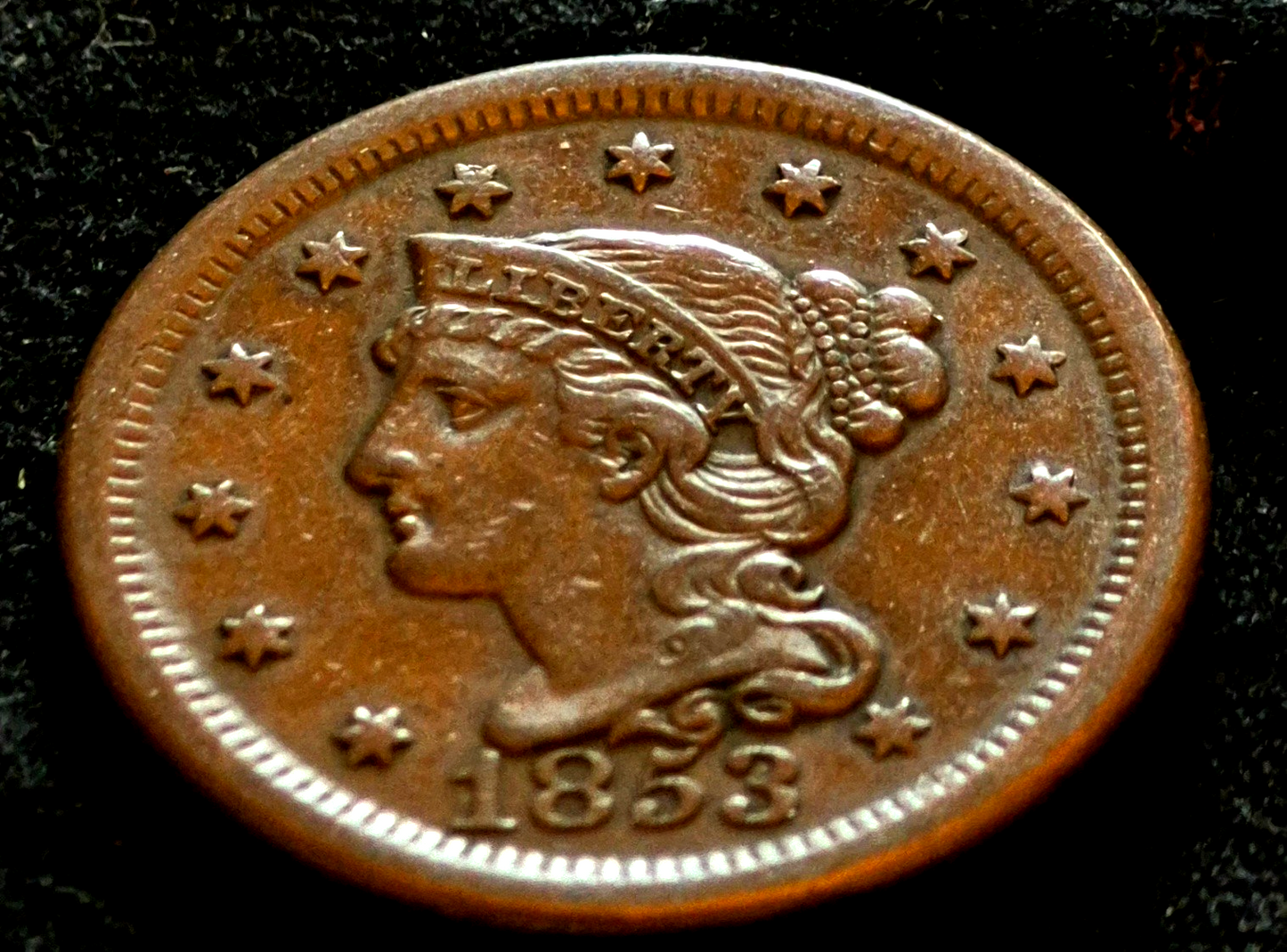 1853 Braided Hair Large Cent Strong AU-MS Features Variant N18 R1