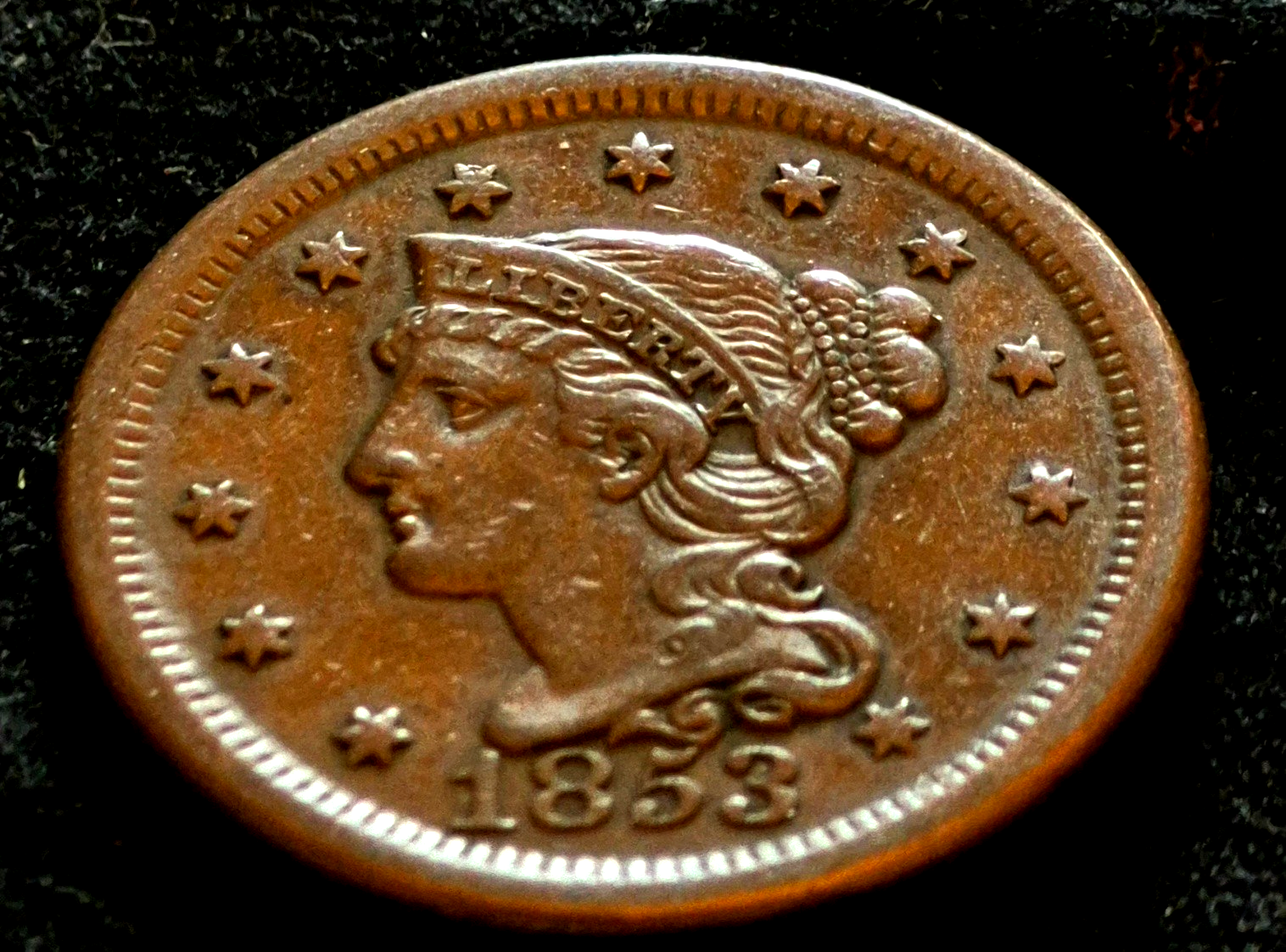 1853 Braided Hair Large Cent Strong AU-MS Features Variant N18 R1