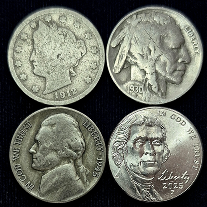 Lot of 4 Nickels - (1) Each - Liberty Head, Buffalo, Silver War, 2025P Jefferson
