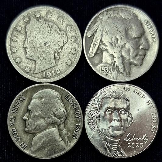 Lot of 4 Nickels - (1) Each - Liberty Head, Buffalo, Silver War, 2025P Jefferson