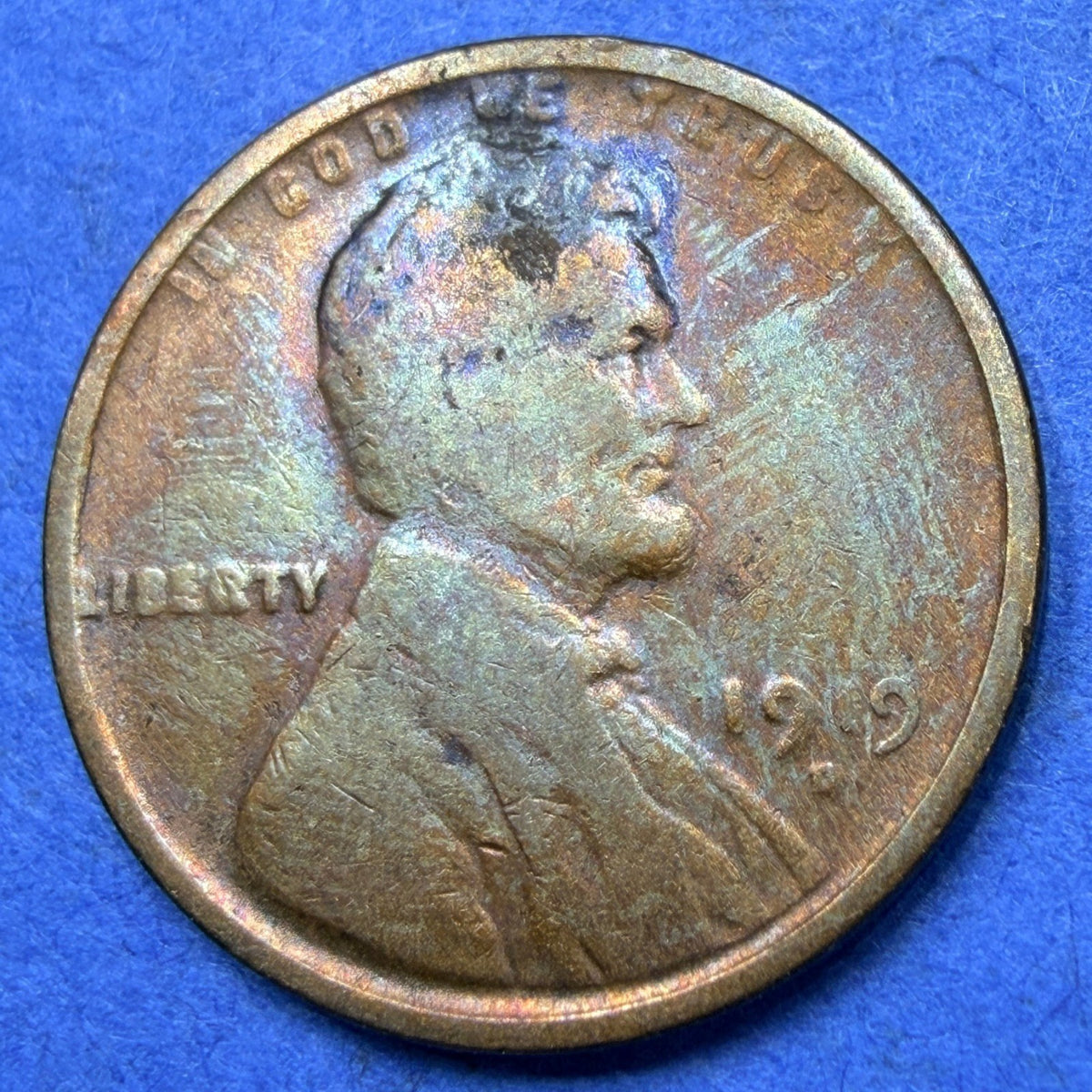 1919-D Lincoln Wheat Cent 1C G-VG Rainbow Toned Toner Denver Mint Brown Penny