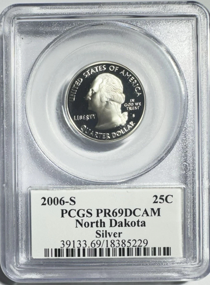 ✅ 2006-S  North Dakota 90% SILVER Quarter ~ PCGS PR69DCAM State Flag Label