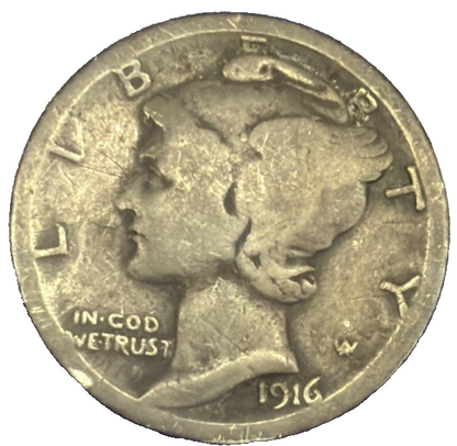 TONED 1916 Mercury Dime 90% Silver Coin G-VG Circulated Condition 1st YEAR