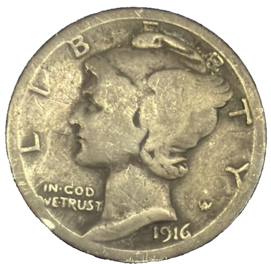 TONED 1916 Mercury Dime 90% Silver Coin G-VG Circulated Condition 1st YEAR