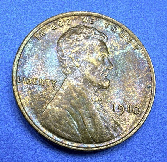 1910 Lincoln Wheat Cent Super Toner Blue Purple Gold Rainbow Toning AU Beauty