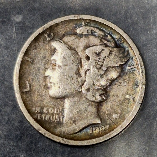 1921 P Mercury Dime Key Date Low Mintage 1,230,000 Fine 90% Silver 10c Toned