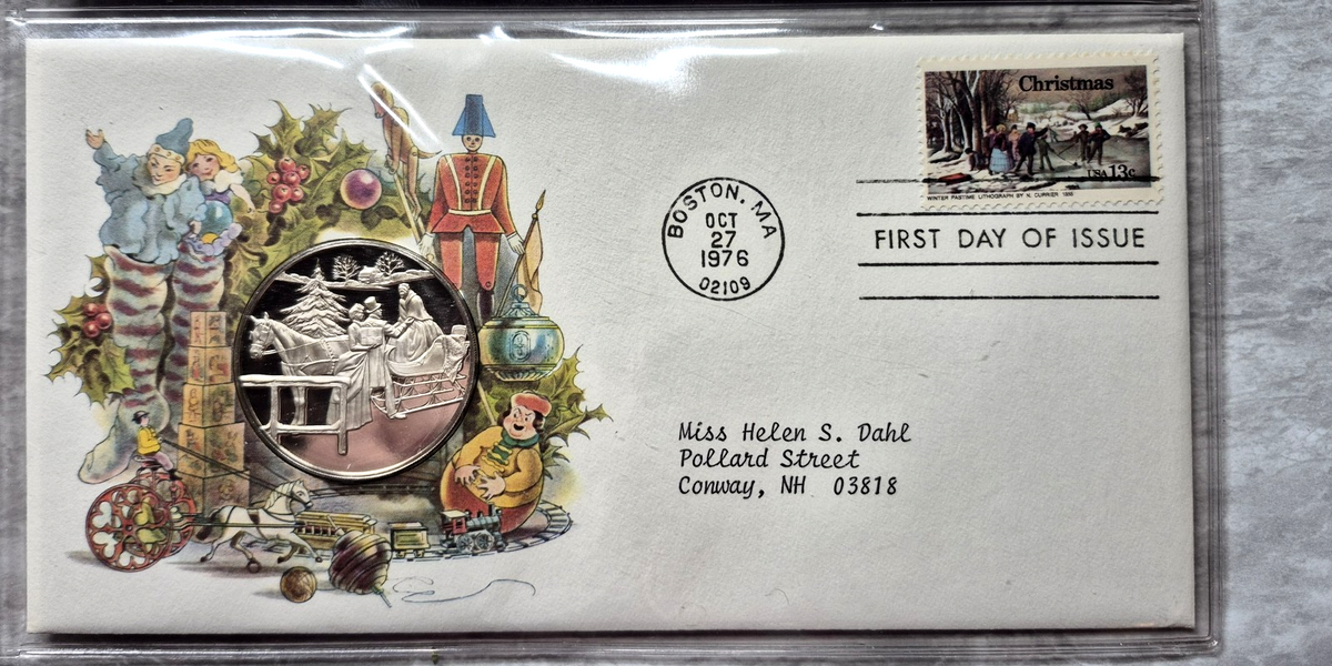 1976 Postmasters of America Christmas Sterling Silver Proof Medal FDC Set