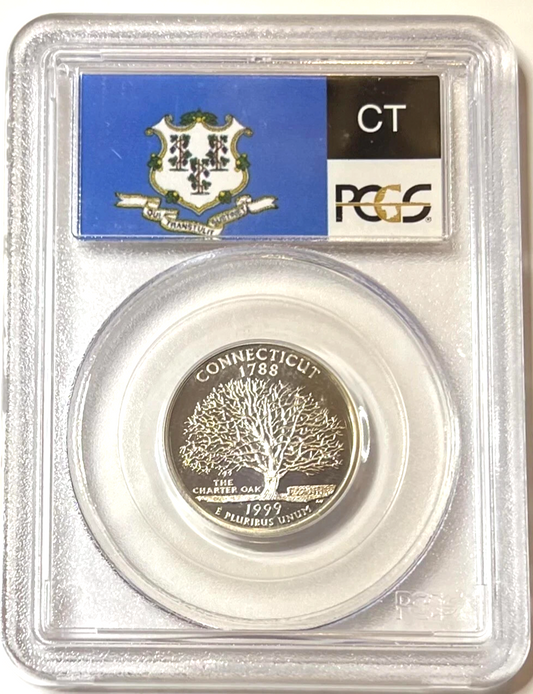 ✅ 1999-S Connecticut 90% SILVER Washington Quarter ~ PCGS PR69DCAM State Flag