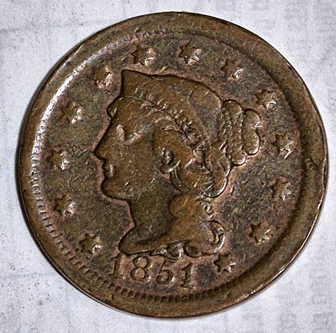 1851 Coronet Large Cent Braided Hair Strong Very Good Features N30 R2 1C