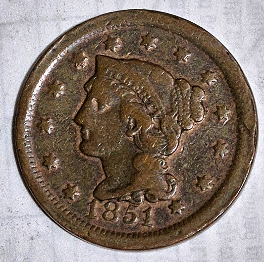 1851 Coronet Large Cent Braided Hair Strong Very Good Features N30 R2 1C