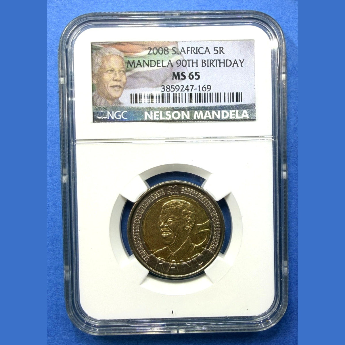 2008 South Africa 5 Rand Nelson Mandela 90th Birthday NGC MS65 Mandela Label