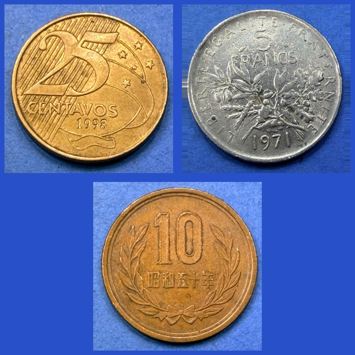 World Coin Lot 3 Coins Brazil 25 Centavos 1998 France 5 Francs 1971 Japan 10 Yen