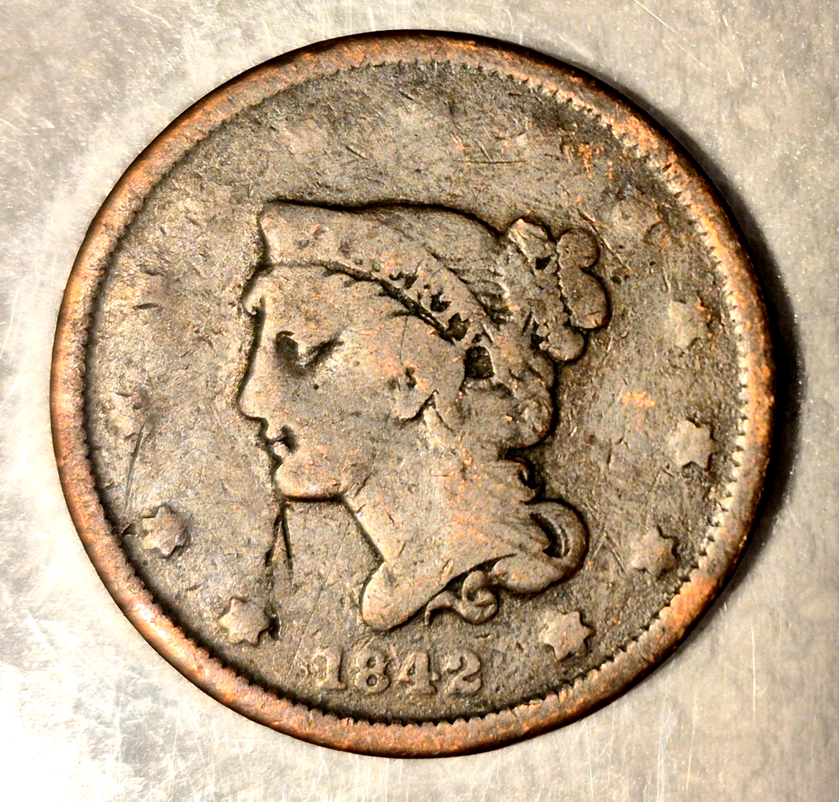 1842 Braided Hair Large Cent Small Date VG Features 1C Coin Shown