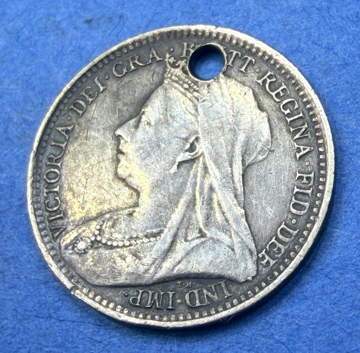 1893 Great Britain 3 Pence Silver Queen Victoria Veiled Head Holed Threepence