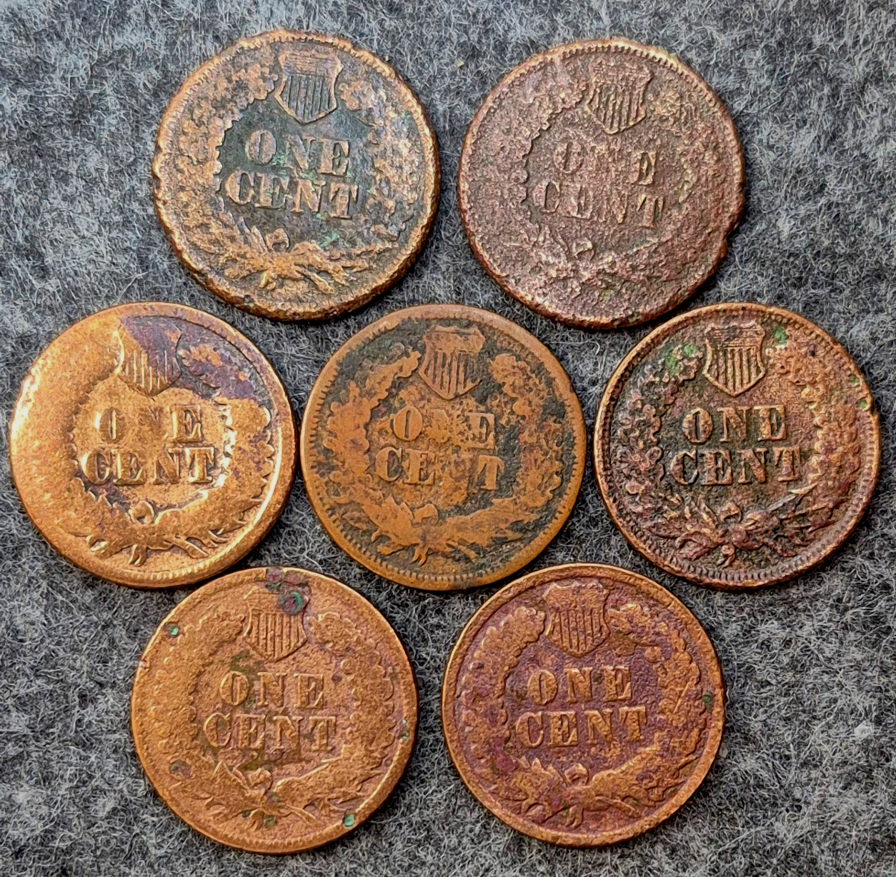 Lot (7) 1864-65-68**-78*-79 Indian Head Cents AG or Less Features Coins Shown