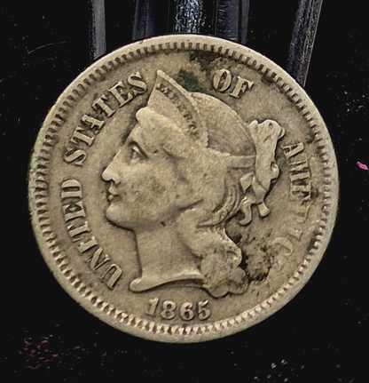 1865 Liberty Head Three Cent Nickel 3C Civil War Coin VF Features 1st Year 3C