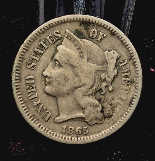 1865 Liberty Head Three Cent Nickel 3C Civil War Coin VF Features 1st Year 3C