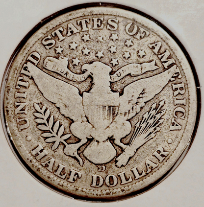 1908 D Barber Half Dollar 90% Silver G-VG Features Full Motto 50C