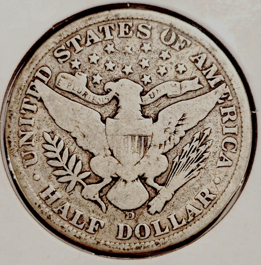 1908 D Barber Half Dollar 90% Silver G-VG Features Full Motto 50C