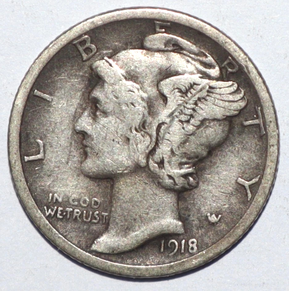 1918-S Mercury 90% SILVER Dime G-VG+ (Good -V Good) Average Circulated Condition