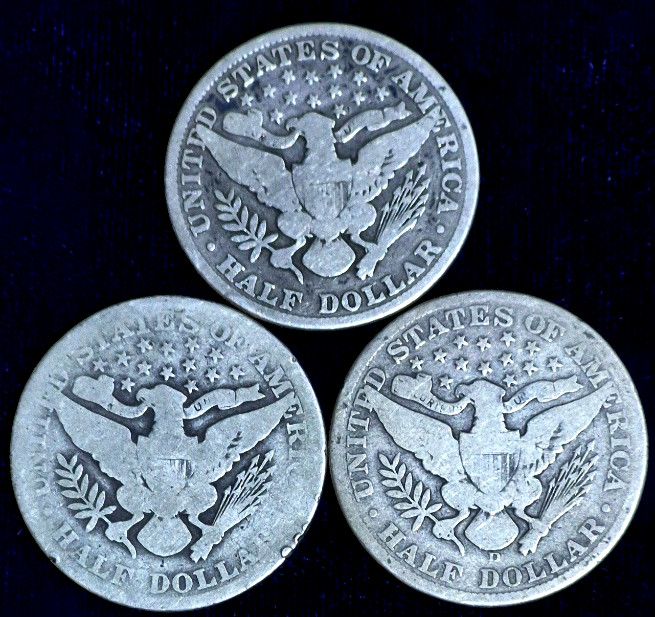 Lot of (3) Barber Half Dollar 90% Silver Coins, 1900, 1907, 1908D G-VG Features