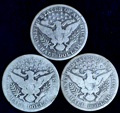 Lot of (3) Barber Half Dollar 90% Silver Coins, 1900, 1907, 1908D G-VG Features