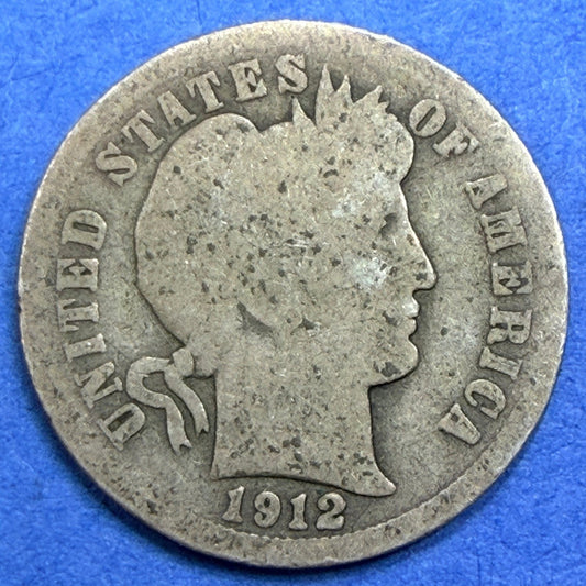 1912 Barber Dime 10C G Good 90% Silver Liberty Head Philadelphia Mint US Coin