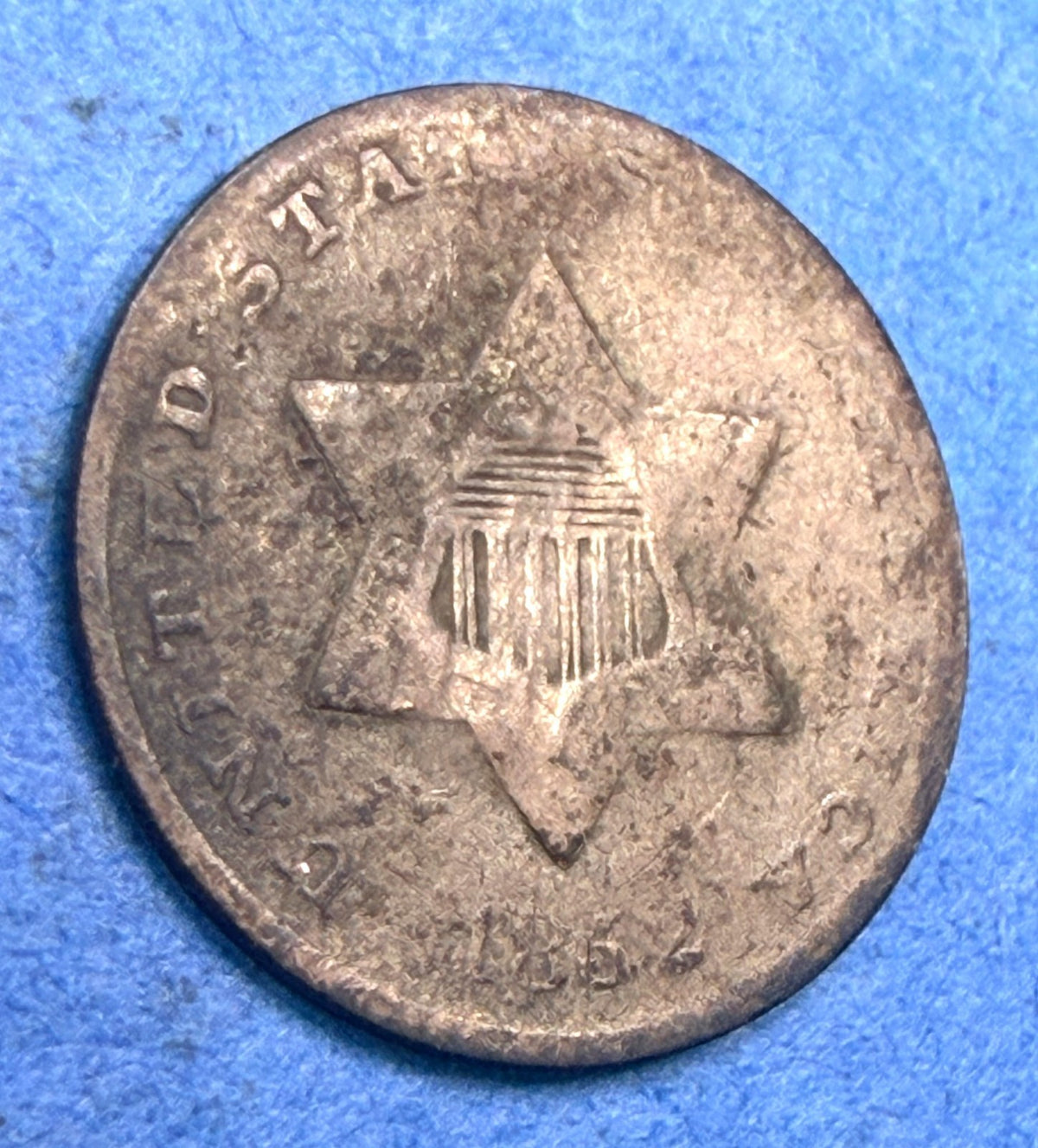 1852 Three Cent Silver Trime 3CS AG Dark Toned Type 1 Antique US Smallest Coin - view 2