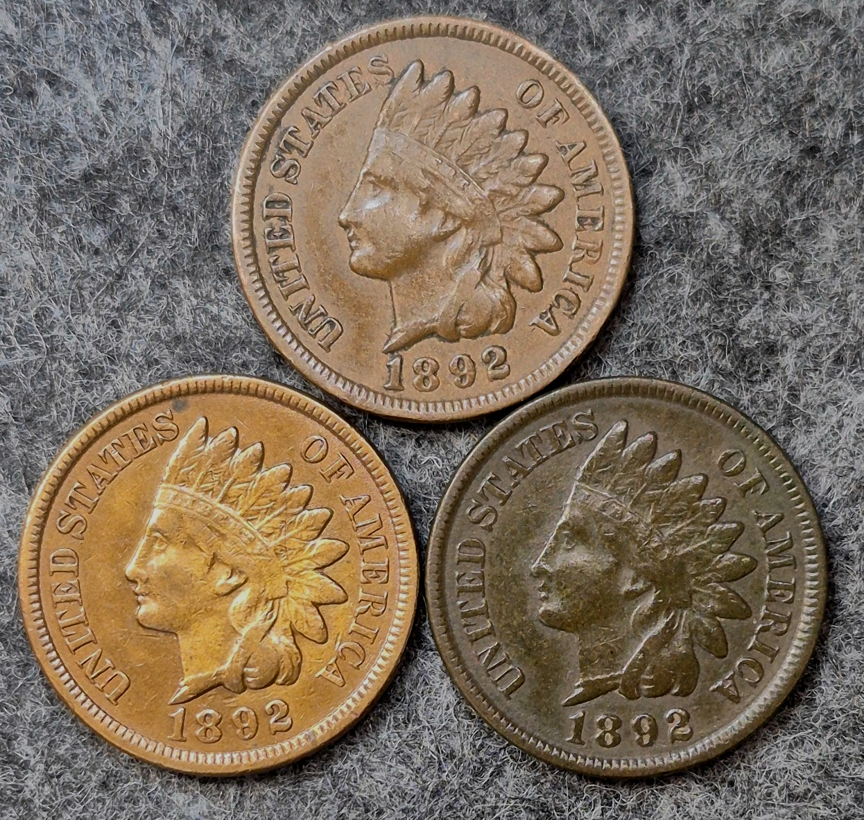 Lot (3) 1892 Indian Head Cents Different Tones Matching XF Features Coins Shown