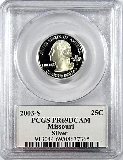 ✅ 2003-S Missouri 90% SILVER Washington Quarter ~ PCGS PR69DCAM State Flag Label