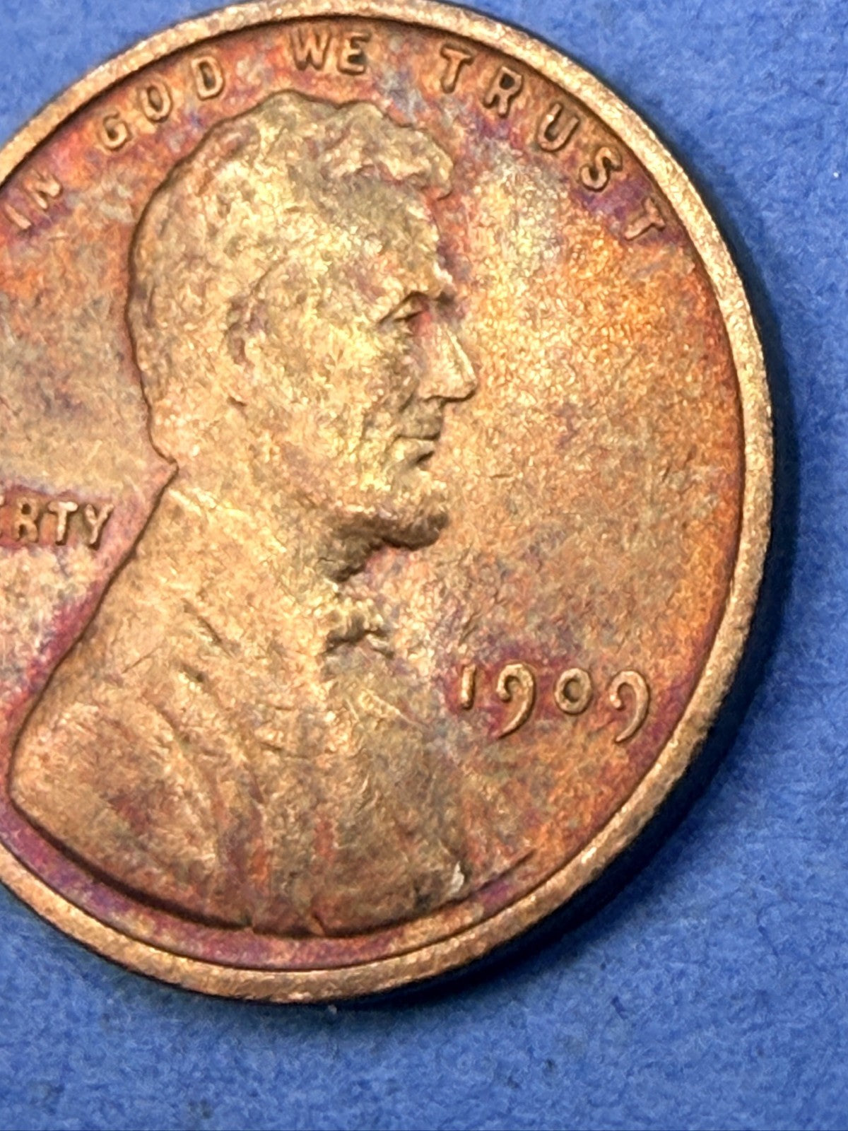 1909 Lincoln Wheat Cent 1C VF Super Toner Rose Magenta Blue Toned First Year US