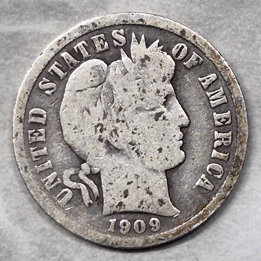 1909 Barber Dime 10C 90% Silver Philadelphia Mint Liberty Head Coin Good