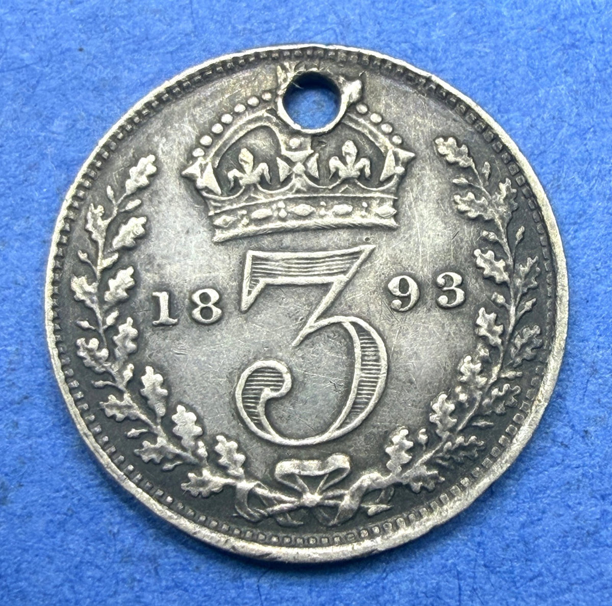 1893 Great Britain 3 Pence Silver Queen Victoria Veiled Head Holed Threepence