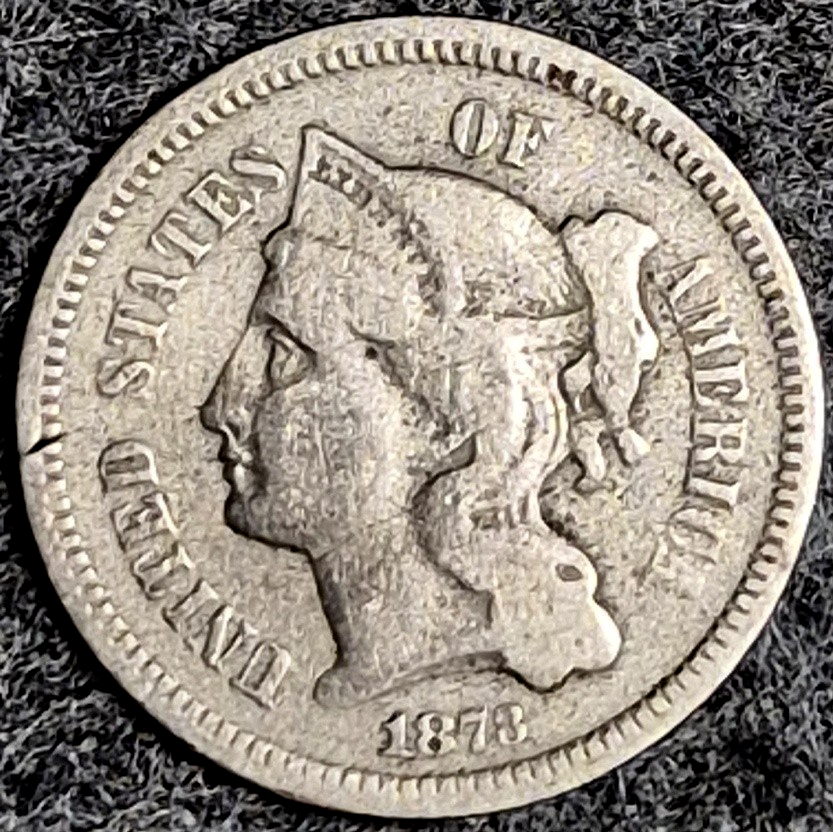 1873 Liberty Three Cent Nickel 3C Closed 3 VF Very Fine Philadelphia Civil War