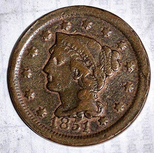 1851 Coronet Large Cent Braided Hair Strong Very Good Features N30 R2 1C