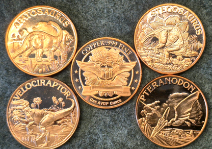 DINOSAUR SERIES (5) Coin Lot 1 oz. .999 AVDP COPPER ROUNDS "Wings & Flag" Backs