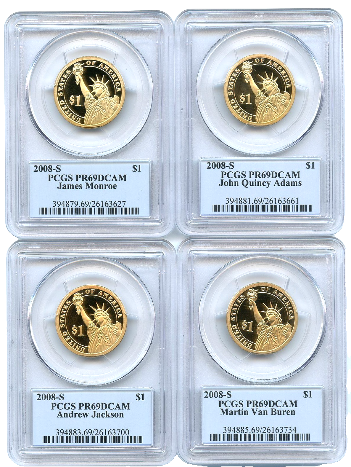 ✅ 2008 S Presidential Dollars 4 Coin Set PCGS PR69DCAM  Jackson, Adams, Monroe