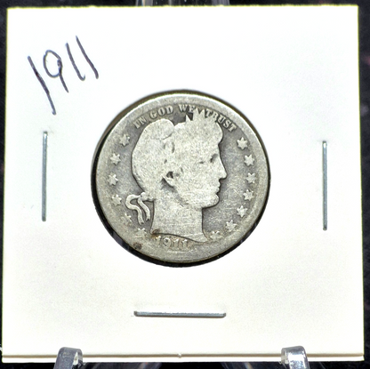 1911 Barber Silver Quarter 90% SILVER Coin Good+ Circulated Features 25C