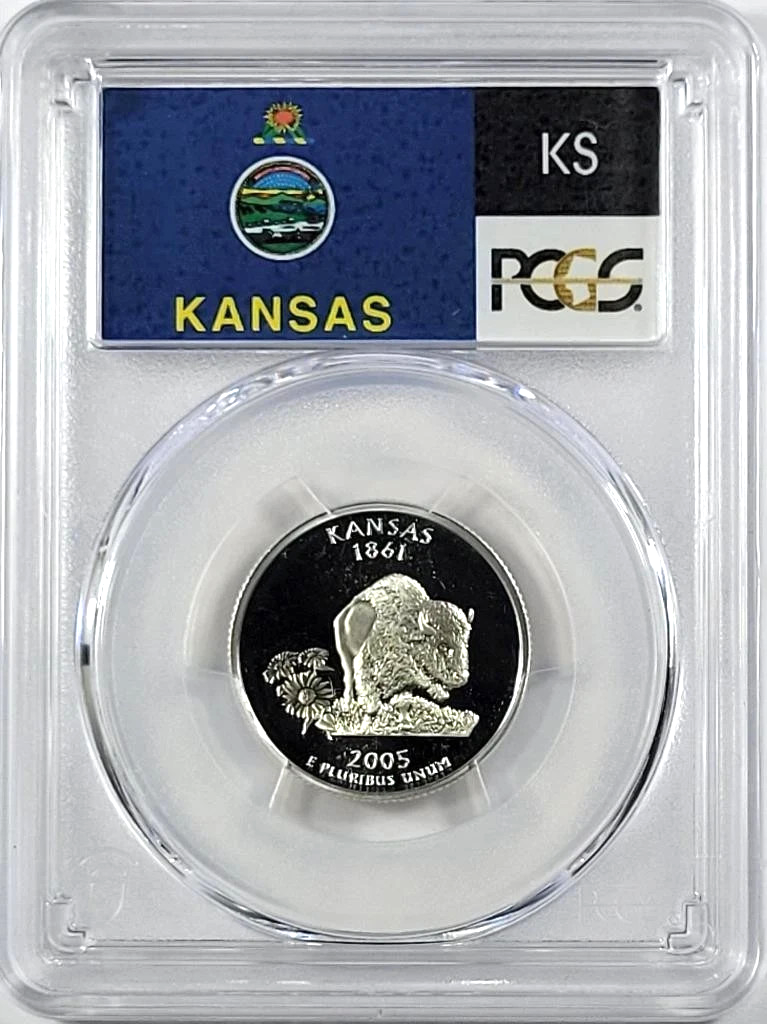 ✅ 2005-S Kansas 90% SILVER Washington Quarter ~ PCGS PR69DCAM State Flag Label
